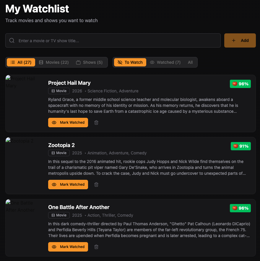 Movie Watchlist app showing a search bar, filters for All/Movies/Shows/To Watch/Watched, and a list of movies with ratings.