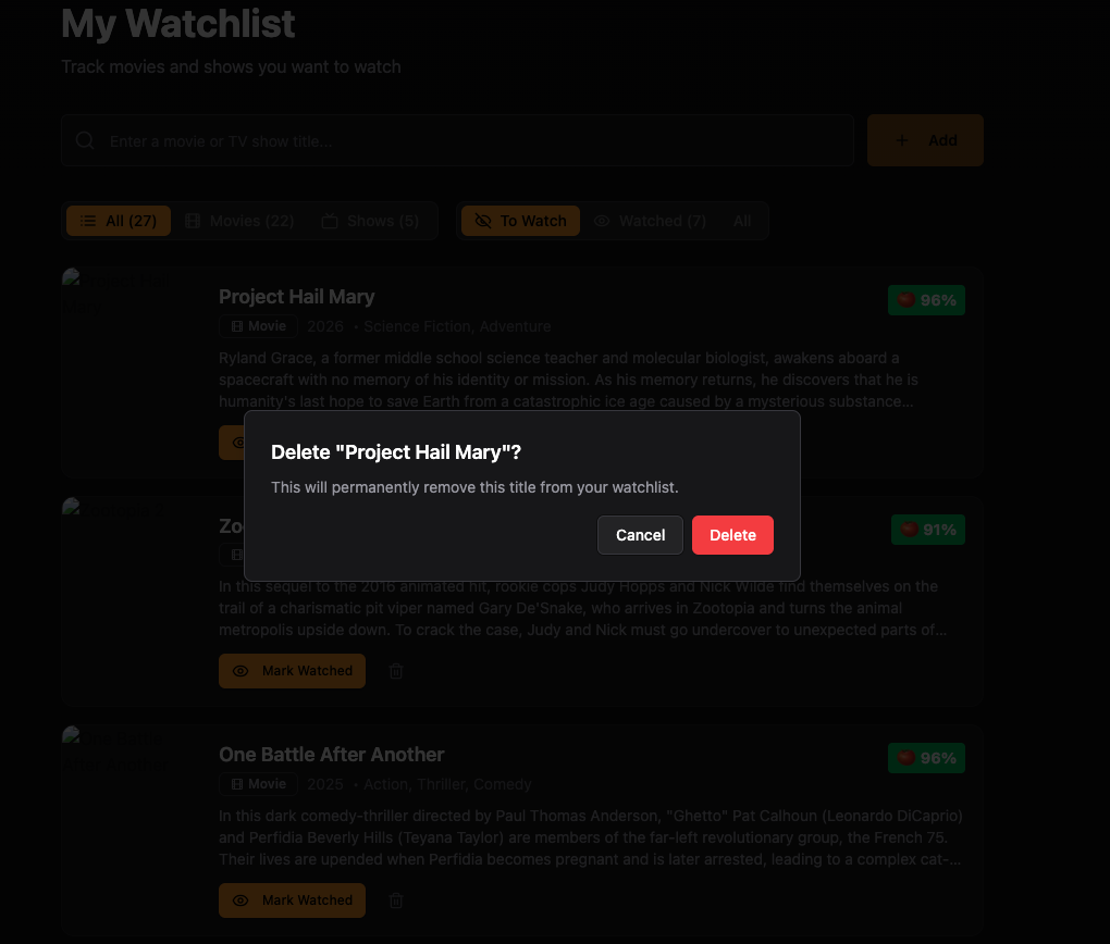 Delete confirmation dialog: 'Delete Project Hail Mary? This will permanently remove this title from your watchlist.'